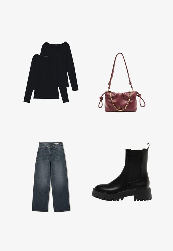 Cappotto in lana nero, doppiopetto e dal design sartoriale, con revers a scendere, due tasche frontali e chiusura con bottoni, caratterizzato da un taglio dritto.; Due magliette a maniche lunghe nere in un morbido tessuto a coste con ampie scollature rotonde, caratterizzate da un design semplice e una texture liscia.; Jeans in denim scuro con un design a gamba larga, caratterizzati da una vita alta, cinque tasche e leggere sfumature di usura nella parte anteriore.; Stivale alla caviglia in pelle nera con pannello laterale testurizzato, punta tonda e suola platform spessa con motivo a zigzag.; Borsa a mano in pelle bordeaux con design arricciato, rifiniture in catena dorata, tracolla regolabile e dettaglio con logo. Presenta manici laterali annodati.