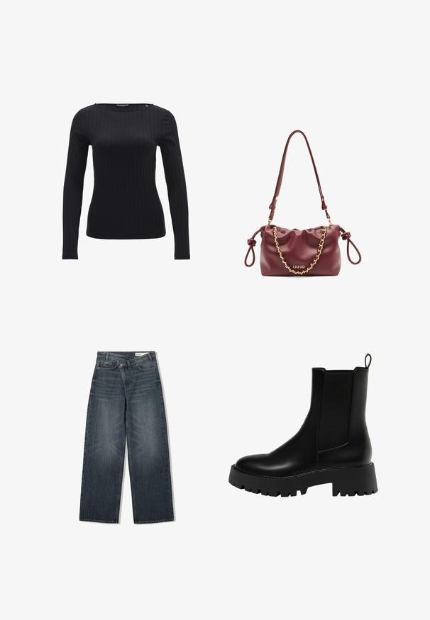 Schwarzer, doppelt geknöpfter Wollmantel mit tailliertem Design, Reverskragen, zwei Fronttaschen und Knopfverschluss, erhältlich in gerader Schnittform.; Schwarzes langärmliges Top mit rundem Ausschnitt. Bietet ein enganliegendes Design und strukturierten Stoff, der eine figurbetonte Silhouette schafft.; Dunkel waschjeans mit weitem Bein, hoher Taille, fünf Taschen und dezenten Abnutzungen an der Vorderseite.; Schwarze Leder-Stiefelette mit einem strukturierten Seitenpanel, runder Zehenpartie und klobigem Plateau-Sohlenprofil mit Zickzack-Profil.; Burgunderfarbene Lederhandtasche mit gerafftem Design, goldfarbener Kettenverzierung, verstellbarem Trageriemen und Logodetail. Verfügt über geknotete Seitengriffe.