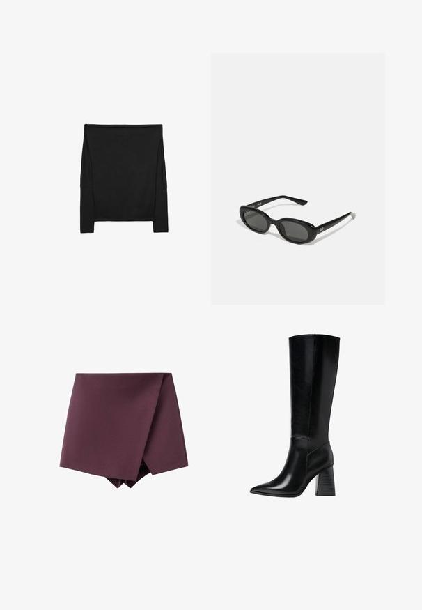 Černý dvouřadový vlněný kabát s úzkým střihem, se zářezovými klopami, dvěma předními kapsami a knoflíkovým zapínáním, s rovnou siluetou.; Černý top s dlouhým rukávem, volného střihu, vyrobený z měkké tkaniny. Má off-shoulder design a boční rozparky pro snadný pohyb.; Tmavě fialová asymetrická mini sukně s designem překrývání a hladkým povrchem.; Černé kožené boty po kolena s špičatou špičkou, hladkým povrchem a robustním vroubkovaným podpatkem pro stabilitu. Elegantní design s minimálními akcenty.; Černé sluneční brýle s oválnými objektivy, lesklý plastový rám a štíhlé nožičky. Na boku se nachází bílé logo Ray-Ban.; Černá kožená kabelka se zlatým kováním, s podpisovým zapínáním, odnímatelným ramenním popruhem a texturovaným povrchem.