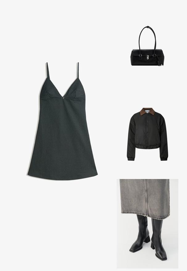 Crna skraćena jakna s ovratnikom od smešnog baršuna, prednjim zipom, elastičnim manžetama i rubom, prikazana na bijeloj pozadini.; Crna i bijela prugasta slip haljina s V-izrezom, tankim trakama i slobodnim krojem. Tkanina ima glatku teksturu i ravni rub.; Crne čizme do koljena od glatke kože s pravim vrhom i blok-petom. Uparene s sivi traper suknjom s rastrganim rubom.; Crna kožna torba s glatkom teksturom, strukturiranim dizajnom, dvostrukim ručkama i detaljem od srebra na kopčanju u sredini.