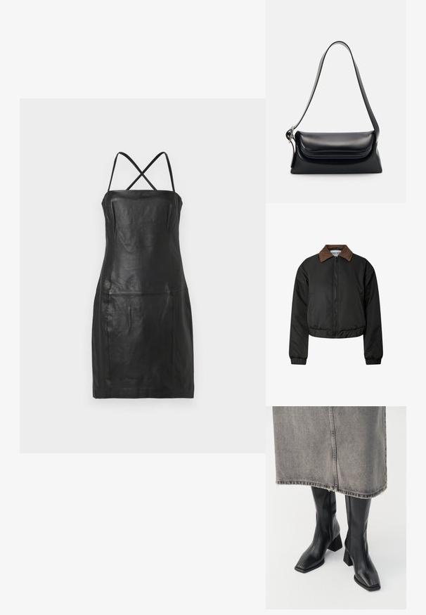 Černá zkrácená bunda s hnědým kordovým límcem, předním zipem, elastickými manžetami a lemem, vystavená na bílém pozadí.; Černé kožené šaty s přiléhavým střihem, tenkými křížovými ramínky a bez viditelných zapínání nebo vzorů. Hladká textura, minimalistický design.; Černé kozačky do půli stehen z hladké kůže se čtveratou špičkou a blokovým podpatkem. Nosené s šedou džínovou sukní s třepeným lemem.; Černá kožená kabelka se strukturovaným tvarem, hladkým povrchem a jedním ramenním popruhem. Obsahuje jemně zaoblený design klopy.