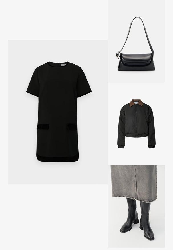 Zwarte croppende jas met een bruine corduroy kraag, met een voorrits, elastische manchetten en onderrand, weergegeven op een witte achtergrond.; Zwarte shiftsjurk met korte mouwen, een ronde halslijn, twee klepzakken aan de voorkant en fluwelen afwerking op de zakken en zoom.; Zwarte laarzen tot de knie van soepel leer met een vierkante neus en blokhak. Draag ze met een grijze denim rok met een rafelige zoom.; Zwarte leren handtas met een gestructureerde vorm, een gladde textuur en een enkele schouderband. Heeft een subtiele, afgeronde klepontwerp.