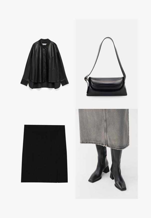 Zwarte croppende jas met een bruine corduroy kraag, met een voorrits, elastische manchetten en onderrand, weergegeven op een witte achtergrond.; Olijfgroene gebreide trui met een ronde hals, lange mouwen en een geribde zoom. Beschikt over een cropped ontwerp met een zachte, gestructureerde afwerking.; Zwarte leren shirt met een puntige kraag, knoopsluiting aan de voorkant, één borstzak, lange mouwen en een ontspannen pasvorm, met een contrasterende onderzoom.; Zwarte mini rok gemaakt van zachte stof met een aansluitend ontwerp, met een lichte inkeping aan de zijkant voor extra detail.; Zwarte laarzen tot de knie van soepel leer met een vierkante neus en blokhak. Draag ze met een grijze denim rok met een rafelige zoom.; Zwarte leren handtas met een gestructureerde vorm, een gladde textuur en een enkele schouderband. Heeft een subtiele, afgeronde klepontwerp.