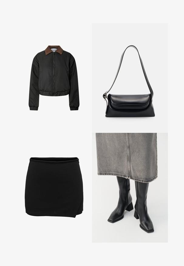 Zwarte croppende jas met een bruine corduroy kraag, met een voorrits, elastische manchetten en onderrand, weergegeven op een witte achtergrond.; Olijfgroene gebreide trui met een ronde hals, lange mouwen en een geribde zoom. Beschikt over een cropped ontwerp met een zachte, gestructureerde afwerking.; Zwarte rok met een elastische tailleband, met een wikkelontwerp. Gemaakt van een gladde stof, heeft het een simpele, strakke silhouet. Geen extra details.; Zwarte laarzen tot de knie van soepel leer met een vierkante neus en blokhak. Draag ze met een grijze denim rok met een rafelige zoom.; Zwarte leren handtas met een gestructureerde vorm, een gladde textuur en een enkele schouderband. Heeft een subtiele, afgeronde klepontwerp.