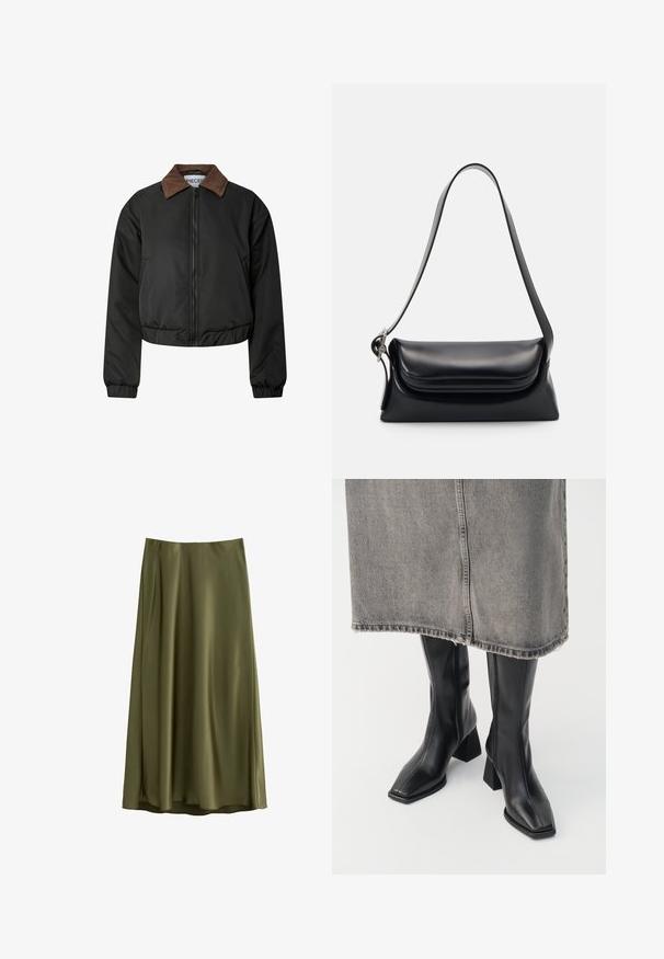 Veste noire courte avec col en velours côtelé marron, fermeture éclaire à l'avant, poignets et ourlet élastiques, présentée sur fond blanc.; Pull en maille vert olive avec col rond, manches longues et ourlet côtelé. Présente un design court avec une finition douce et texturée.; Une jupe olive de longueur genou, en tissu lisse avec une coupe droite et une taille élastique, présentant un éclat subtil.; Bottes noires montantes en cuir lisse avec un bout carré et un talon bloc. Portées avec une jupe en denim grise à l'ourlet effiloché.; Sac à main en cuir noir avec une forme structurée, une texture lisse et une seule bandoulière. Présente un design de rabat arrondi et subtil.; Montre à quartz Casio argentée avec un cadran rectangulaire, affichages analogiques et numériques, bracelet en acier inoxydable et caractéristiques de résistance à l'eau.