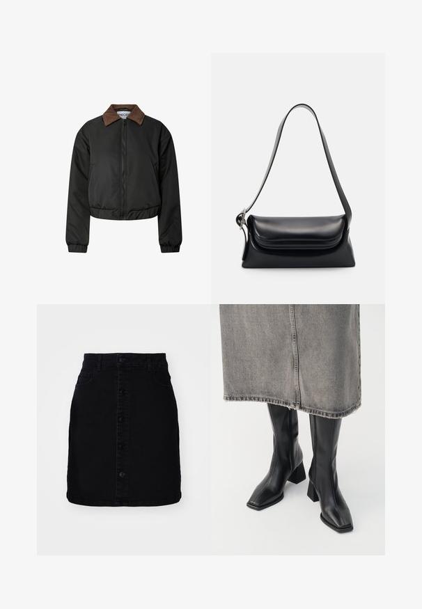 Črna skrajšana jakna s rjavim kordnim ovratnikom, sprednjim zadrgo, elastičnimi manšetami in robom, prikazana na belem ozadju.; Olivno zelena pletena jopica s krojem na okroglo, dolgimi rokavi in ribanim robom. Ima skrajšan dizajn s mehkimi, teksturiranimi zaključki.; Črna denim krilna z zapiranjem na gumb spredaj, dvema žepoma, ravnim krojem in čistim robom. Narejena iz trpežnega blaga z gladko teksturo.; Črne škornje do kolen iz gladkega usnja s kvadratnim nosom in blok peto. Uporabljene s sivo denim krilom z raztrgano obrobo.; Črna usnjena torbica z oblikovano strukturo, gladko teksturo in eno naramnico. Opremljena je z diskretnim, zaobljenim pokrovom.