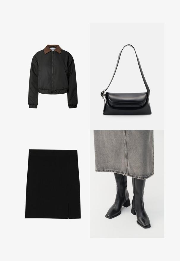 Veste noire courte avec col en velours côtelé marron, fermeture éclaire à l'avant, poignets et ourlet élastiques, présentée sur fond blanc.; Pull en maille vert olive avec col rond, manches longues et ourlet côtelé. Présente un design court avec une finition douce et texturée.; Mini-jupe noire en tissu doux avec une coupe ajustée, présentant une légère fente sur le côté pour plus de style.; Bottes noires montantes en cuir lisse avec un bout carré et un talon bloc. Portées avec une jupe en denim grise à l'ourlet effiloché.; Sac à main en cuir noir avec une forme structurée, une texture lisse et une seule bandoulière. Présente un design de rabat arrondi et subtil.