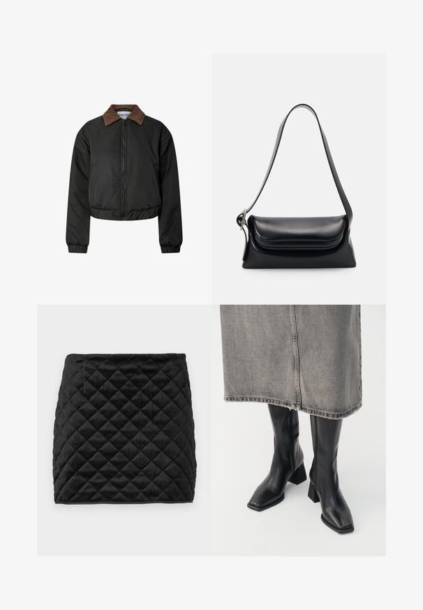 Černá zkrácená bunda s hnědým kordovým límcem, předním zipem, elastickými manžetami a lemem, vystavená na bílém pozadí.; Olivově zelený pletený svetr s kulatým výstřihem, dlouhými rukávy a žebrovaným lemem. Má zkrácený střih a měkký, texturovaný povrch.; Černá prošívaná mini sukně vyrobená z měkké tkaniny, s diamantovým vzorem, rovného střihu a skrytou postranní kapsou.; Černé kozačky do půli stehen z hladké kůže se čtveratou špičkou a blokovým podpatkem. Nosené s šedou džínovou sukní s třepeným lemem.; Černá kožená kabelka se strukturovaným tvarem, hladkým povrchem a jedním ramenním popruhem. Obsahuje jemně zaoblený design klopy.