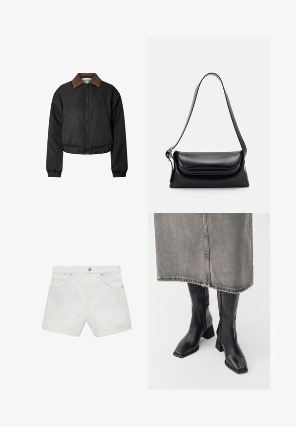 Crna skraćena jakna s ovratnikom od smešnog baršuna, prednjim zipom, elastičnim manžetama i rubom, prikazana na bijeloj pozadini.; Maslinasto zeleni pleteni džemper s okruglim izrezom, dugim rukavima i rebrastim rubom. Ima skraćeni dizajn s mekanim, teksturiranim završetkom.; Bijele traperice s pet džepova, metalnim kopčanjem i petljama za remen. Glatka tekstura i ravni kroj, s blagim detaljima šivanja.; Crne čizme do koljena od glatke kože s pravim vrhom i blok-petom. Uparene s sivi traper suknjom s rastrganim rubom.; Crna kožna torba s oblikom koji je strukturiran, glatkom teksturom i jednim remenom za rame. Ima suptilan, zaokružen dizajn preklopa.