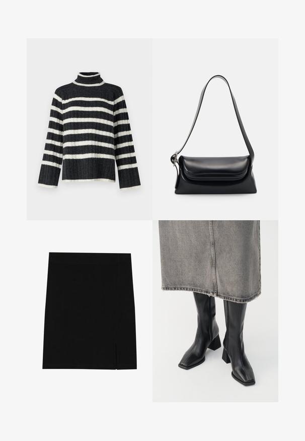 Melnā īsā jaka ar brūno korduroja apkakli, priekšējo rāvējslēdzēju, elastīgām aprocēm un apakšmalu, izlikta uz baltā fona.; Melna un balta svītraina golfa džemperis ar brīvu piegriezumu, ribotu struktūru un garām piedurknēm. Iekļauj augstu apkakli un horizontālās svītras.; Melna mini svārku izgatavota no mīksta auduma ar pieguļošu dizainu, kurai sānos ir neliela šķirba papildu detaļām.; Melnas ceļgala augstuma zābaki izgatavoti no gludas ādas ar kvadrātveida purngalu un bloku papēdi. Valkāti ar pelēku denima svārku ar plīsu malu.; Melnas ādas rokassoma ar strukturētu formu, gludu tekstūru un vienu plecu siksnu. Raksturīga diskreta, noapaļota vāka dizains.