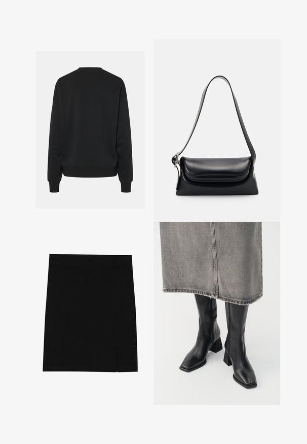 Giacca nera cropped con colletto in velluto a coste marrone, chiusura frontale con zip, polsini elasticizzati e orlo, esposta su sfondo bianco.; Felpa nera con scollatura rotonda e maniche lunghe, caratterizzata da una vestibilità comoda e polsini a coste. Tessuto liscio, senza motivi visibili.; Gonna nera mini realizzata in tessuto morbido con un design aderente, caratterizzata da una leggera apertura sul lato per un tocco di stile in più.; Stivali neri al ginocchio in pelle liscia con punta squadrata e tacco a blocco. Indossati con una gonna in denim grigia con orlo sfilacciato.; Borsa a tracolla nera in pelle con una forma strutturata, una texture liscia e una singola tracolla. Presenta un design a patta arrotondata e discreta.