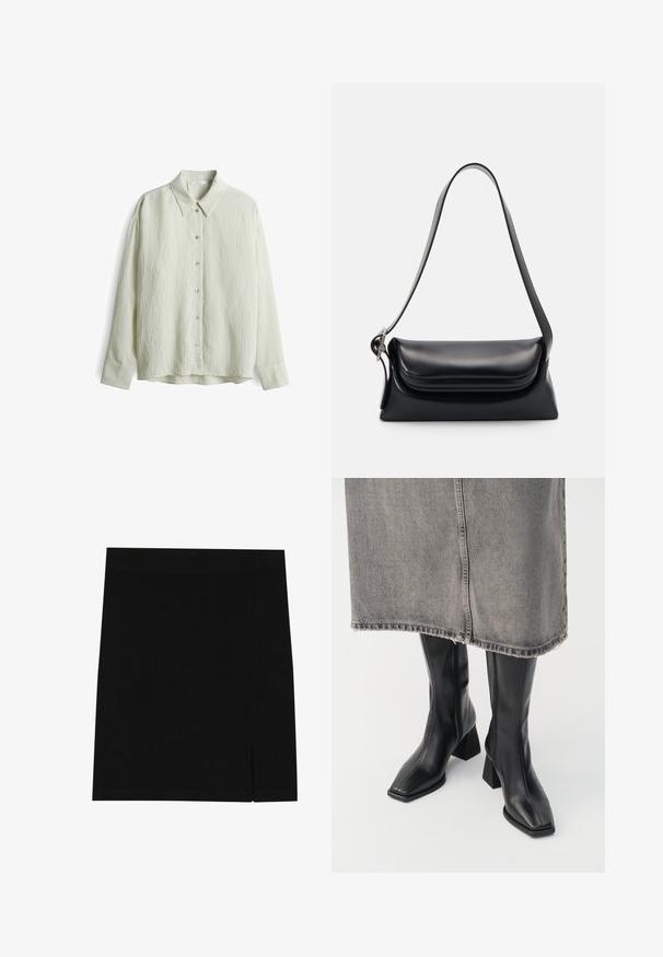 Zwarte croppende jas met een bruine corduroy kraag, met een voorrits, elastische manchetten en onderrand, weergegeven op een witte achtergrond.; Lichtgroen overhemd met kraag en lange mouwen, met een gestructureerd oppervlak, knoopsluiting aan de voorkant en een subtiel gestreept patroon op de manchetten.; Zwarte mini rok gemaakt van zachte stof met een aansluitend ontwerp, met een lichte inkeping aan de zijkant voor extra detail.; Zwarte laarzen tot de knie van soepel leer met een vierkante neus en blokhak. Draag ze met een grijze denim rok met een rafelige zoom.; Zwarte leren handtas met een gestructureerde vorm, een gladde textuur en een enkele schouderband. Heeft een subtiele, afgeronde klepontwerp.