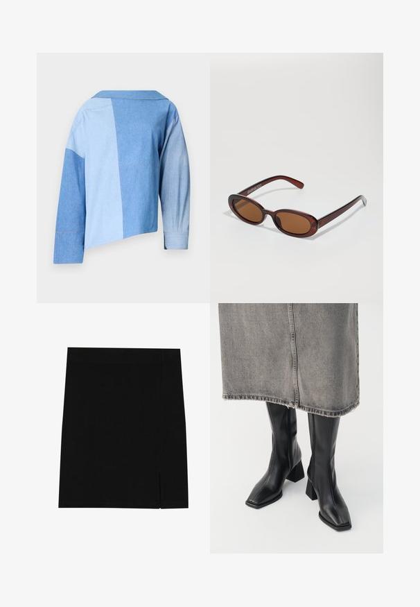 Giacca nera cropped con colletto in velluto a coste marrone, chiusura frontale con zip, polsini elasticizzati e orlo, esposta su sfondo bianco.; Giacca corta in denim blu con un design a patchwork in diverse tonalità di blu, colletto e maniche lunghe con dettagli ai polsini.; Gonna nera mini realizzata in tessuto morbido con un design aderente, caratterizzata da una leggera apertura sul lato per un tocco di stile in più.; Stivali neri al ginocchio in pelle liscia con punta squadrata e tacco a blocco. Indossati con una gonna in denim grigia con orlo sfilacciato.; Occhiali da sole rotondi con tonalità marrone, montatura lucida color bordeaux. Aste sottili con un sottile dettaglio del marchio. Design delle lenti piatte.; Borsa a tracolla nera in pelle con una forma strutturata, una texture liscia e una singola tracolla. Presenta un design a patta arrotondata e discreta.