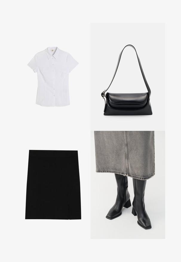 Sort croppet jakke med brunt kordfløjlskrage, frontlynlås, elastiske manchetter og forneden, vist på hvid baggrund.; Hvid kortærmet skjorte med knaplukning og en skarp krave, lavet af glat stof. Har en tætsiddende pasform og seks klare knapper ned ad forsiden.; Sort mini nederdel lavet af blødt stof med en tætsiddende design, der har en lille slids på siden for ekstra detalje.; Sorte knæhøje støvler i glat læder med firkantet tå og blokeret hæl. Båret med en grå denimnederdel med flosset kant.; Sort læderhåndvask med en struktureret form, en glat overflade og en enkelt skulderrem. Har et subtilt, rundet klapdesign.