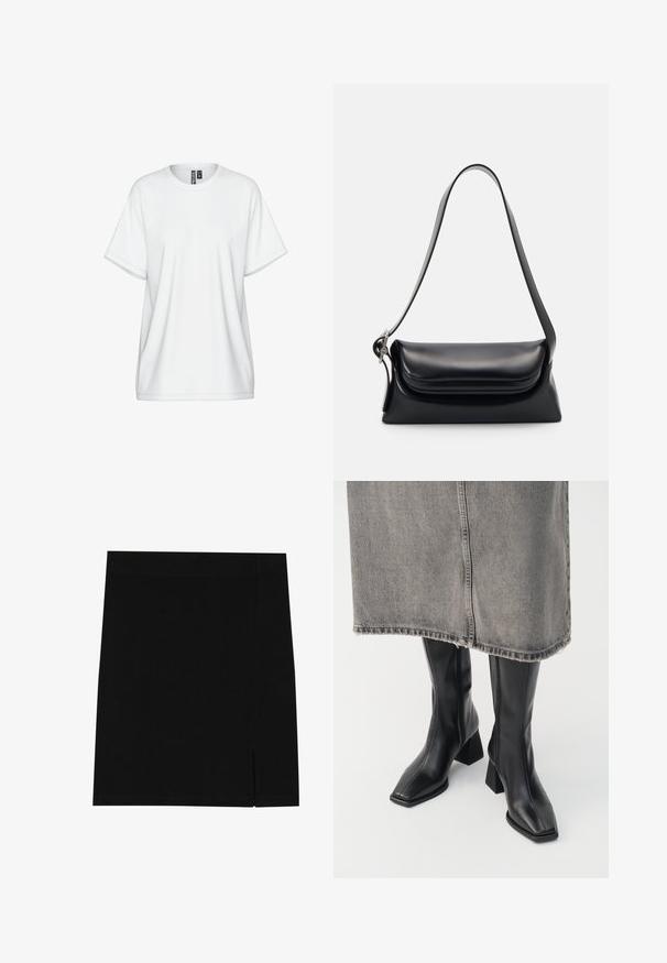 Juodas trumpas švarkas su rudais kordūriniais apykaklėmis, priekinis užtrauktukas, elastingi rankogaliai ir apatinė dalis, rodomas ant balto fono.; Baltas medvilninis marškinėlis su apvalia iškirpte, trumpomis rankovėmis ir laisvo kirpimo. Turi subtilias siuvimo detales ir etiketę ant apykaklės.; Juoda mini sijonas, pagamintas iš švelnios medžiagos, su prigludusia forma, su lengva plyšyje šone tam, kad suteiktų papildomą akcentą.; Juoda aukštaūgiai batai iš lygaus odos su kvadratiniu pirštu ir blokuotu kulnu. Dėvimi su pilku džinsiniu sijonu su nusigraužta apvadu.; Juodas odinis rankinės krepšys su struktūrizuota forma, glotnia tekstūra ir viena petneša. Pasižymi subtiliu, apvaliu dangčiu.