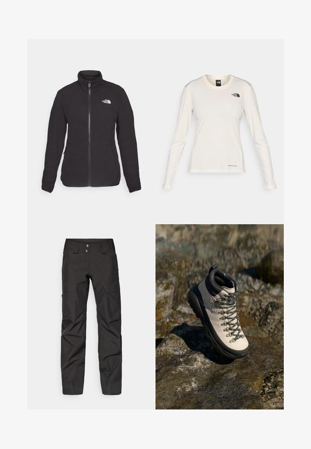 Černá fleecová bunda s vysokým límcem, předním zipem a dvěma bočními kapsami. Na levé straně hrudi se nachází bílé logo. Hladká textura.; The North Face SHADOW LONG SLEEVE - Top s dlouhým rukávem - white dune; Černé lyžařské kalhoty z nylonu, se střihovým designem, dvěma předními kapsami a zesílenými kotníky se strukturovaným detailem.; Svetle béžové turistické boty s černou gumovou podrážkou, flexibilním svrškem, kovovými oky a šedými tkaničkami, umístěné na kamenitém povrchu.