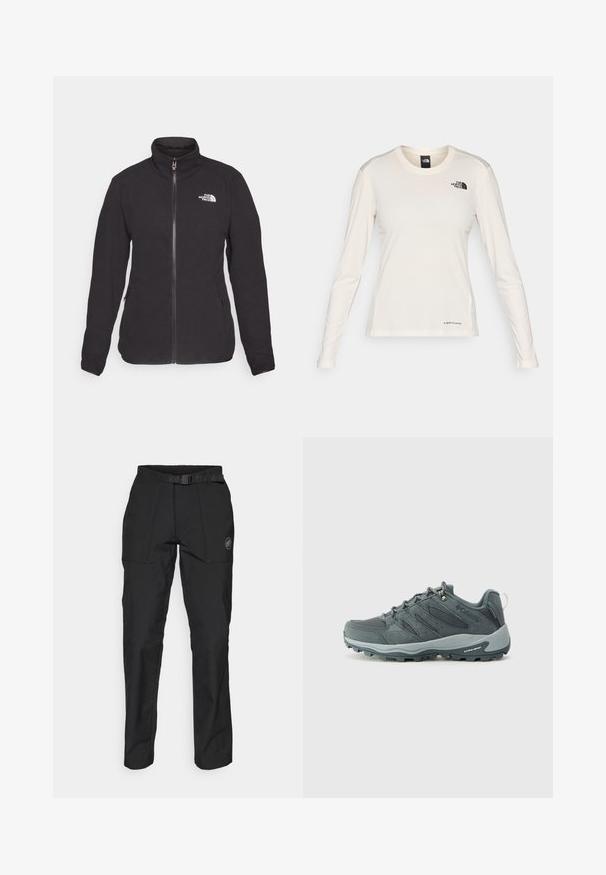 Sort fleecejakke med høj krave, frontlynlås og to sidetasker. Har et hvidt logo på venstre bryst. Blød tekstur.; The North Face SHADOW LONG SLEEVE - Langærmet T-shirt - white dune; Sorte udendørs bukser med bælte, der har et elegant design, to frontlommer og et logo-patch på låret. Fremstillet af slidstærkt, vejrbestandigt materiale.; Mørkegrå vandresko med mesh- og ruskinds-overdel, snørebåndsdesign, polstret sål og robust ydersål med grip-mønster.