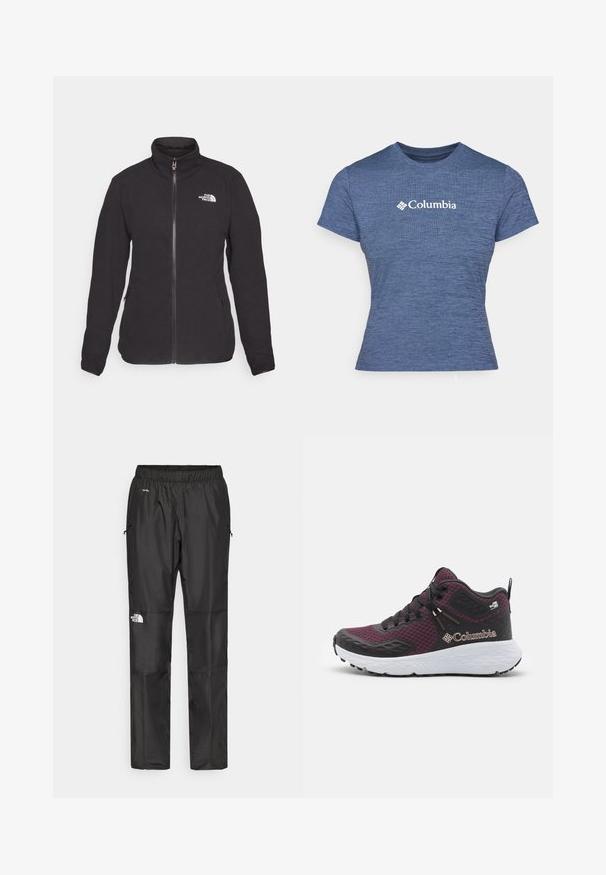 Černá fleecová bunda s vysokým límcem, předním zipem a dvěma bočními kapsami. Na levé straně hrudi se nachází bílé logo. Hladká textura.; Modrá krátká rukávová tričko vyrobené z texturované tkaniny, s bílým logem Columbia na hrudi, kulatým výstřihem a přiléhavým střihem.; Černé voděodolné kalhoty vyrobené z lehkého materiálu, mají elastický pas, boční kapsy a logo na levé noze.; Fialová a černá atletická bota s texturovaným síťovaným svrškem, polstrovanou bílou podrážkou a výrazným značením Columbia na boku.