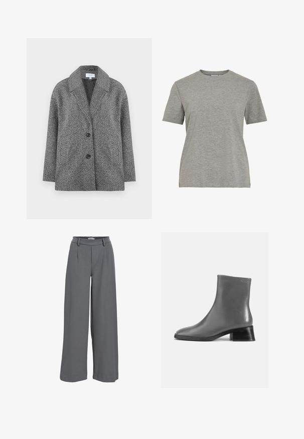 Blazer cinza texturizado com gola notched, dois botões e mangas compridas. O tecido tem um acabamento suave e uma forma estruturada.; T-shirt de algodão cinzento com gola redonda clássica, mangas curtas e textura suave, adequada para uso casual.; Calças largas em tecido cinza claro, com cintura franzida, pregas frontais e uma textura suave e macia.; Bota de tornozelo em couro cinza com bico arredondado e um tacão preto curto e empilhado. Textura lisa com detalhes mínimos.