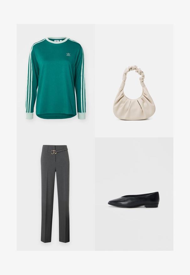 Pilkas, tekstūruotas švarkas su iškarpyta apykakle, dviem mygtukais ir ilgomis rankovėmis. Audinys yra minkštas ir turi struktūrizuotą formą.; Žalias ilgo rankovės marškinėliai iš medvilnės, su baltais trimis juostelėmis prie rankovių ir mažu adidas logotipu ant krūtinės.; Tamsiai pilkos moteriškos kelnių su tiesiomis kojomis ir plonu derančiu diržu su auksinės spalvos sagtimi.; Juodas odinis plokščias batelis su smailiu kojų pirštu, šiek tiek pakelta kulna ir lygiu paviršiumi. Paprastas dizainas be matomų detalių ar raštų.; Kreminės spalvos dirbtinės odos rankinė su susiraukšlėtu laikikliu, raukšlėtu korpusu ir minkštu paviršiumi. Kompaktiška ir apvali forma, skirta nešti rankoje arba ant rankos.