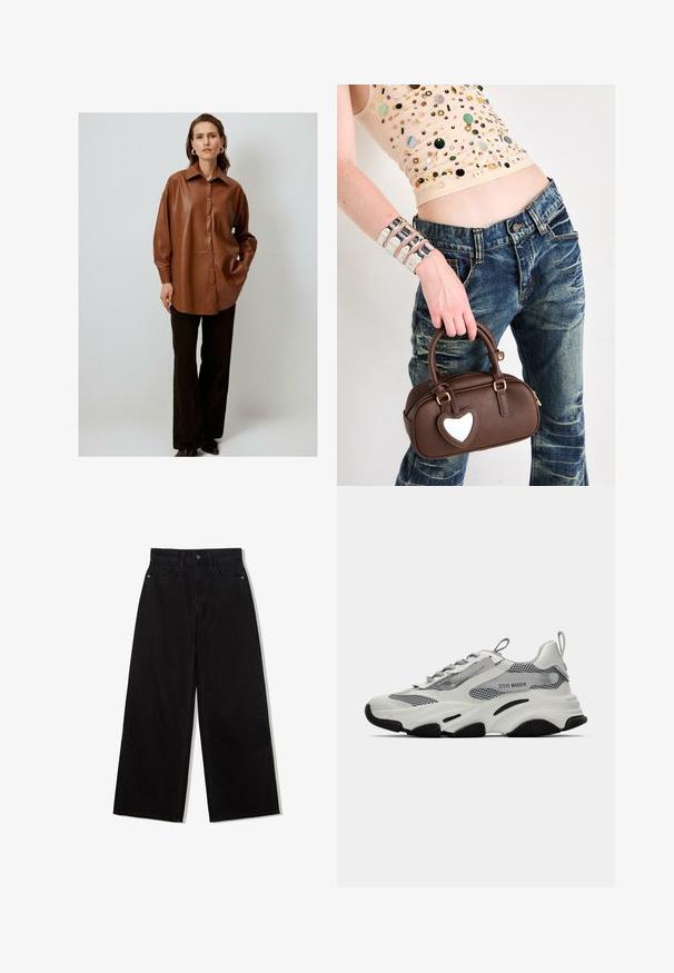 Brown plaid blazer in a structured design with peak lapels, double buttons, and two front pockets. Soft texture with a tailored fit.; Brown faux leather button-up shirt with a pointed collar, loose fit, and long sleeves, paired with black wide-leg pants.; Black, wide-leg jeans made of denim with a high waist, featuring a five-pocket design and a single button closure at the front.; White athletic sneakers with mesh panels, gray accents, and black rubber soles. Features laces, a pull tab, and brand labeling.; Brown leather handbag with a heart-shaped accent, rounded design, gold hardware, held by a hand; paired with distressed denim and a beaded top.