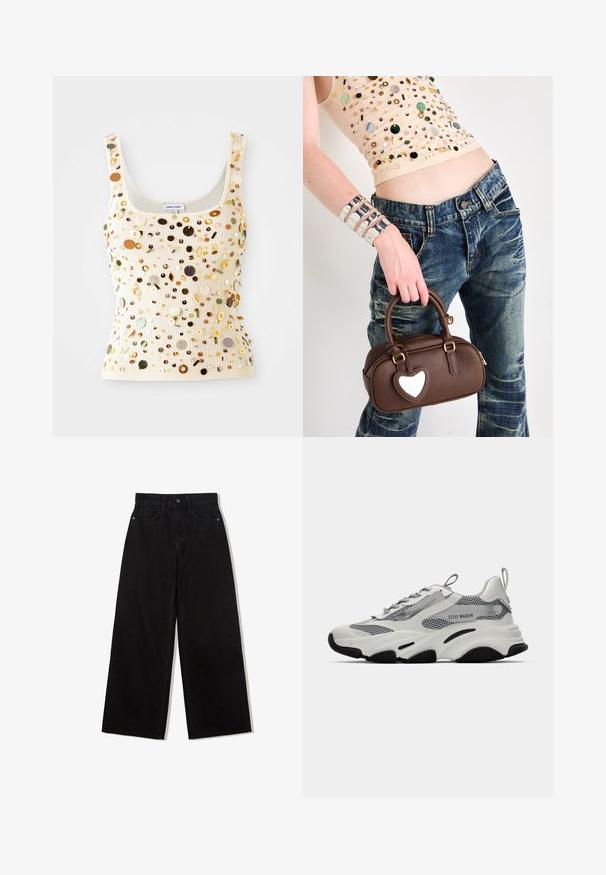 Rjav karo blazer v strukturirani zasnovi z vrhunskimi reverji, dvojno gumbom in dvema sprednjima žepoma. Mehka tekstura z natančnim krojem.; Ribana kremna majica bez rukava s mnoštvom obojenih šljokica, uključujući zlatne, zelene i smeđe akcentne boje, s kvadratnim izrezom i uskim naramenicama.; Črne široke kavbojke iz denima z visokim pasom, ki imajo pet žepov in en gumb za zapiranje spredaj.; Bela športna teniska obutev z mrežnimi paneli, sivi detajli in črnimi gumijastimi podplati. Opremljena je z vezalkami, zanka za poteg in oznako blagovne znamke.; Rjava usnjena torbica s poudarkom v obliki srca, zaobljene oblike, z zlatim okovjem, jo drži roka; v kombinaciji z postaranym jeansom in bisernim vrhom.