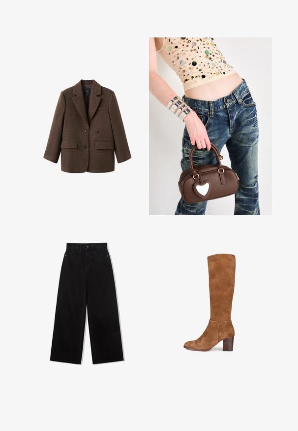 Blazer a quadri marroni con design strutturato, rever a punta, doppio bottone e due tasche frontali. Tessuto morbido con vestibilità sartoriale.; Body leopardato con scollo rotondo, senza maniche, realizzato in tessuto morbido e dotato di chiusura a scatto nella parte inferiore. La palette di colori include beige e nero.; Jeans neri a gamba larga in denim con vita alta, dotati di un design a cinque tasche e una chiusura con un solo bottone nella parte anteriore.; Stivale marrone in suede fino al ginocchio con tacco a blocco. Texture liscia, design sagomato e dettagli di cucitura accentata sui lati.; Borsa in pelle marrone con un accento a forma di cuore, design arrotondato, accessori in metallo dorato, tenuta da una mano; abbinata a jeans distressed e a una maglietta con perline.