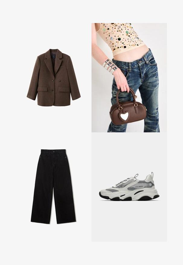 Blazer cu carouri maro, cu un design structurat, cu rever ascuțit, butoni dubli și două buzunare frontale. Textură moale cu o croială ajustată.; Două topuri: unul în brun închis, cu textură ribbată și bretele late, celălalt în off-white, dintr-un material neted cu un design similar.; Jeans negri, cu picioare largi, din denim, cu talie înaltă, având un design cu cinci buzunare și o închidere cu un singur nasture în față.; Adidași albi cu panouri din plasă, accente gri și tălpi din cauciuc negru. Caracteristici: șireturi, o bandă de prindere și eticheta mărcii.; Geantă din piele maro, cu un accent în formă de inimă, design rotunjit, accesorii din aur, ținută în mână; asortată cu blugi deteriorați și un top cu mărgele.