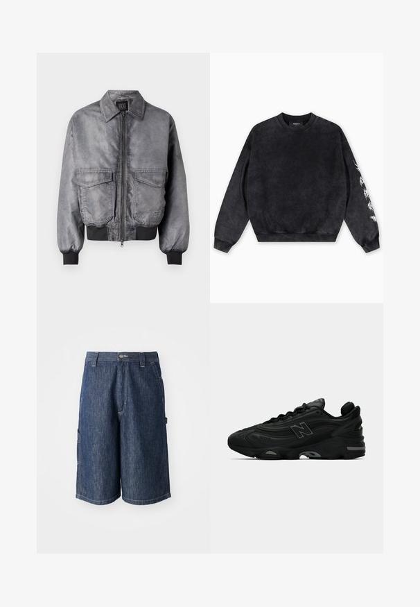 Sivá bomber bunda s hladkou textúrou, predným zipsom, dvoma veľkými náprsními vreckami a rebrovanými manžetami a spodným lemom. Disponuje klasickým dizajnom goliera.; Čierna mikina vyrobená z jemného materiálu, s okrúhlym výstrihom, rebrovanými manžetami a bielym grafickým motívom na ľavom rukáve.; Tmavomodré džínsy s priamym strihom, piatimi vreckami a viditeľným prešívaním. Obsahujú zapínanie na gombík a pútka na opasok.; Čierne športové tenisky s textúrovaným prupperom, s výrazným logom, hrubou podrážkou a jemnými sivými akcentmi pozdĺž dizajnu.