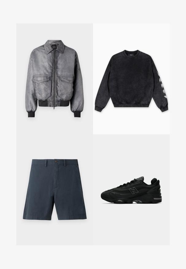 Pilkas bombonešis su lygia tekstūra, užtrauktuku priekyje, dviem didelėms krūtinėms kišenėms ir rausvomis apykaklėmis bei apatine dalimi. Yra klasikinio apykaklės dizaino.; Juodas džemperis iš minkštos medžiagos, su apvalia iškirpte, ribbančiomis rankogaliais ir baltos spalvos grafiniu dizainu kairėje rankovėje.; Tamsiai mėlynos šortai, pagaminti iš medvilnės mišinio, su mygtuko uždarymu, šoniniais kišenėmis ir tiesiomis kojomis.; Juodi sportiniai batai su tekstūruotu viršumi, įskaitant ryškų logotipą, storą padą ir subtilius pilkus akcentus dizaino detalėse.