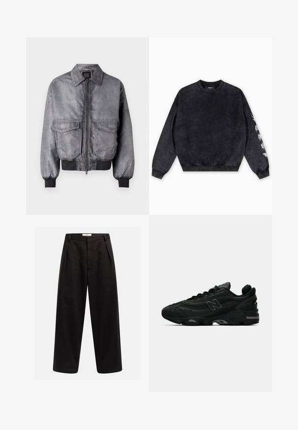 Szürke bomber dzseki sima текстúrával, cipzáras elülső rész, két nagy mellzseb és bordázott mandzsetta és alj. Klasszikus gallérkialakítással rendelkezik.; Fekete pulóver puha anyagból, kerek nyakkivágással, bordázott mandzsettákkal és fehér grafikával a bal ujjon.; Fekete, széles szárú nadrág elülső redőkkel, övhurkokkal és rejtett záródással, a derékpánton "Rebel" felirattal.; Fekete sportcipők texturált felsőrésszel, kiemelkedő logóval, vastag talppal és diszkrét szürke akcentusokkal a dizájn mentén.