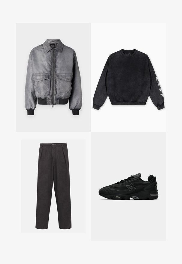 Veste bombardier grise avec une texture lisse, fermeture éclair à l'avant, deux grandes poches sur la poitrine et des poignets et un ourlet côtelés. Présente un design de col classique.; Sweat-shirt noir en matière douce, doté d'un col rond, de poignets côtelés et d'un motif graphique blanc sur la manche gauche.; Pantalons à rayures fines gris foncé avec une coupe ample, plis avant et une texture lisse, dotés d'une taille standard et sans pièces métalliques visibles.; Baskets de sport noires avec un dessus texturé, présentant un logo proéminent, une semelle épaisse et des accents discrets en gris dans le design.