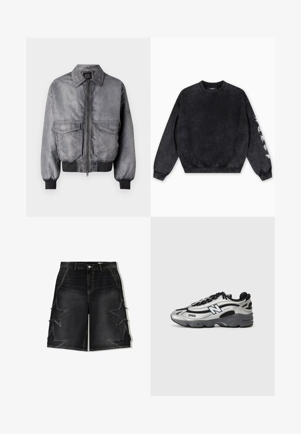 Sivi bomber jakna s glatkom teksturom, zatvaranje na patentni zatvarač, dva velika džepa na prsima i rebrasti rukavi i donji rub. Ima klasičan dizajn ovratnika.; Crna majica s kapuljačom od mekanog materijala, s okruglim izrezom, rebrastim manžetama i grafičkim dizajnom u bijeloj boji na lijevom rukavu.; Crne traper kratke hlače opuštenog kroja, s izranjavanim uzorcima zvijezda sa strane i kontrastnim žutim šavovima.; Siva i crna atletska obuća s mrežastim gornjim dijelom, mekanim potplatom, vezanjem i detaljem brendiranja sa strane.