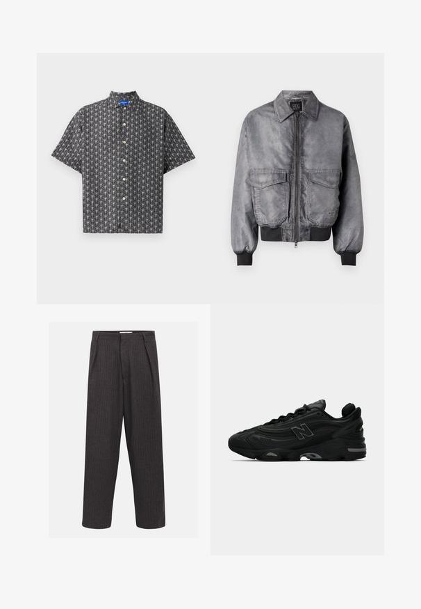 Harmaa pommitakki, jossa on sileä pinta, vetoketju edessä, kaksi suurta rintataskua sekä ribattu hihansuu ja helma. Sisältää klassisen kauluksen.; Lyhytnuppinen napillinen paita mustasta kankaasta, jossa on valkoinen lehden kuvio, terävä kaulus ja tasaisesti eteen päin sijoitetut vaaleanruskeat napit.; Tummanharmaat raitapö trousersit, joissa on löysä leikkaus, etuplehti ja sileä rakenne, varustettuna tavanomaisella vyötäröllä ilman näkyvää metalliosaa.; Mustat urheilukengät, joissa on teksturoitu päällinen, mukana näyttävä logo, paksu pohja ja hienovaraiset harmaat yksityiskohdat designissa.