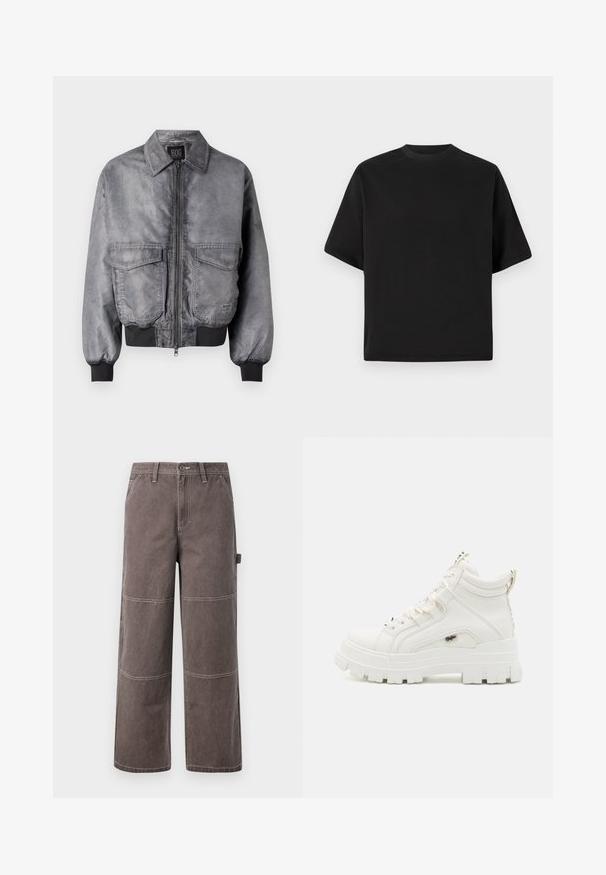 Giubbotto bomber grigio con una texture liscia, chiusura a zip frontale, due grandi tasche sul petto e polsini e orlo a coste. Presenta un design classico del colletto.; T-shirt nera a maniche corte in vestibilità larga, realizzata in cotone morbido, con scollatura rotonda e design minimalista.; Pantaloni a gamba larga in un colore marrone sbiadito, realizzati in tessuto resistente con cuciture a contrasto. Presentano dettagli a pannello e una tasca laterale.; Sneaker bianchi alte alla caviglia con finitura testurizzata, suola in gomma spessa e colletto imbottito. Presentano un design con lacci e un'accattivante accentatura con logo.