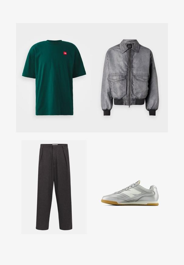 Hall-gray bomber-jakk, millel on sile tekstuur, tõmblukk ees, kaks suurt rinna-taskut ja soonikkoes varrukad ja serv. Omab klassikalist kraedisaini.; Tume roheline lühikeste varrukatega T-särk, mis on valmistatud puuvillast. Ümar kaelus, millel on väike punane logo plaastriga vasakul rinnal. Sile tekstuur. Mitteformaalne disain.; Tumed hallide triibulised püksid, laia lõikega, ees volditud ning sileda tekstuuriga, standardse vöökoha ja nähtava riistvarata.; Hõbedane spordijalats sileda, läikiva pinnaga, valge logo küljes, tekstuuriga hallid paelad ja kummist soe põhi.