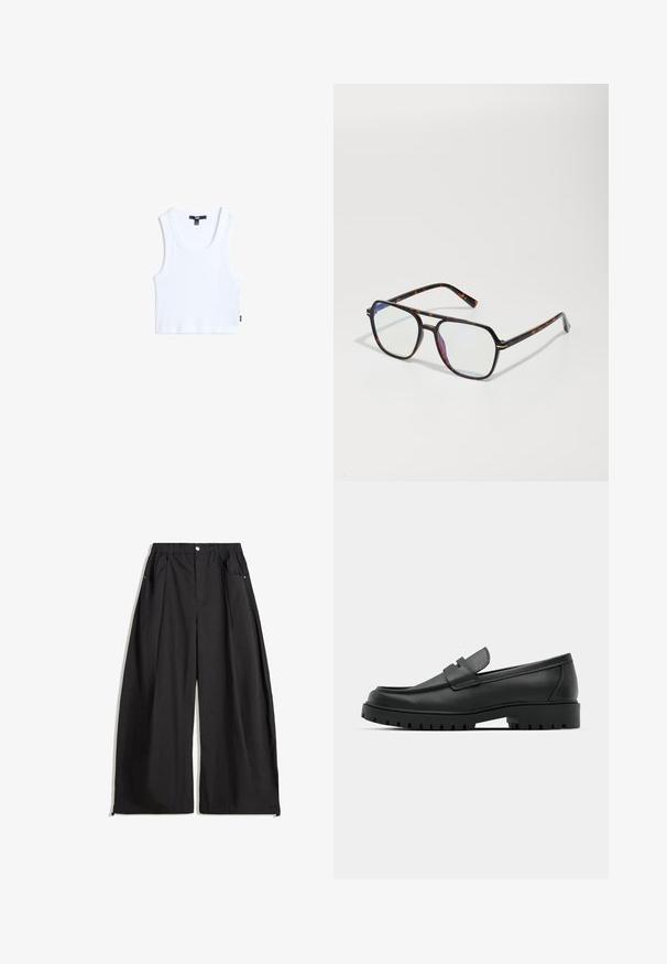 Krótkie brązowe skórzane kurtki z szerokim kołnierzem, podwójnym zapięciem na guziki i paskiem w talii. Posiada duże mankiety z akcentami w postaci guzików.; Biały bawełniany top na ramiączkach o prążkowanej strukturze, okrągłym dekolcie i szerokich ramiączkach. Posiada małą metkę marki przy dolnym brzegu.; Czarne spodnie o szerokich nogawkach z wysokim stanem, z plisami, z przodu zapinane na guzik oraz dwoma bocznymi kieszeniami. Wykonane z materiału o teksturowanym wykończeniu.; Czarne skórzane mokasyny z zaokrąglonym noskiem, posiadające przeszywany wzór, niską platformę oraz teksturowaną, gumową podeszwę z bieżnikiem.; Okulary przeciwsłoneczne w wzór żółwia, o czworobocznym kształcie, z przezroczystymi soczewkami i cienkimi metalowymi akcentami na ramie.; Czarna skórzana torba tote o teksturze kawioru, o wyraźnym kształcie, z podwójnymi uchwytami i srebrnymi akcentami na bokach.