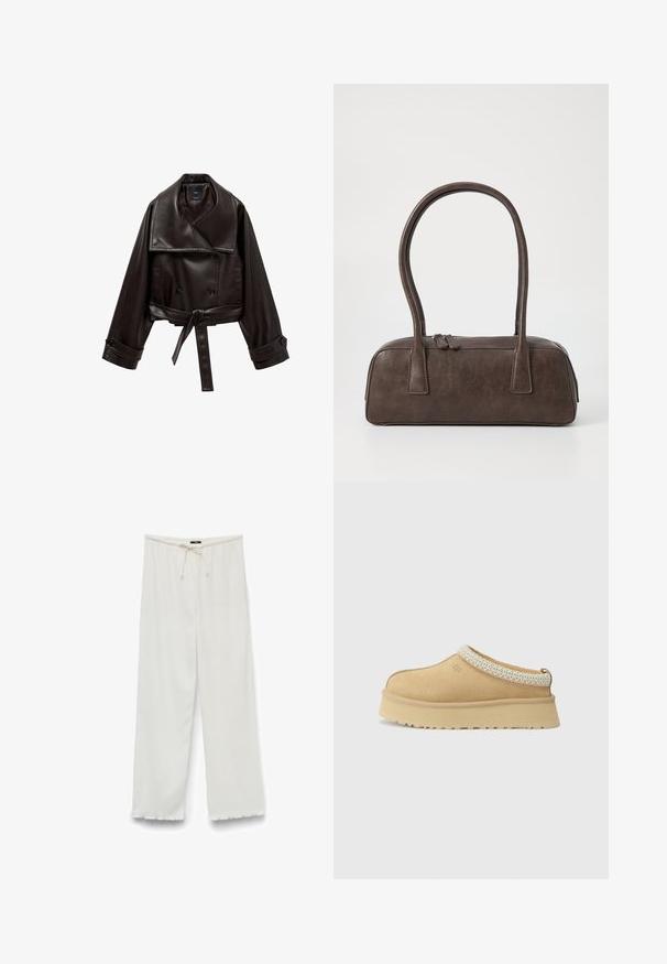 Veste courte en cuir marron avec un large col, fermeture à double boutonnage et ceinture à la taille. Présente de grandes poignets avec des accents de boutons.; Deux t-shirts à manches longues blancs, superposés l'un légèrement devant l'autre sur un fond blanc.; Pantalons à jambes larges en blanc cassé, fabriqués dans un tissu texturé, avec une taille élastique à cordon de serrage et des bords bruts au niveau des ourlets.; Chaussure slip-on en daim beige avec un col rembourré et un accent texturé bleu clair. Elle dispose d'une semelle extérieure épaisse et durable avec un profil de traction.; Sac à main en cuir marron avec deux poignées robustes, de forme rectangulaire, texture lisse et fermeture zippée. Design minimaliste sans motifs visibles.