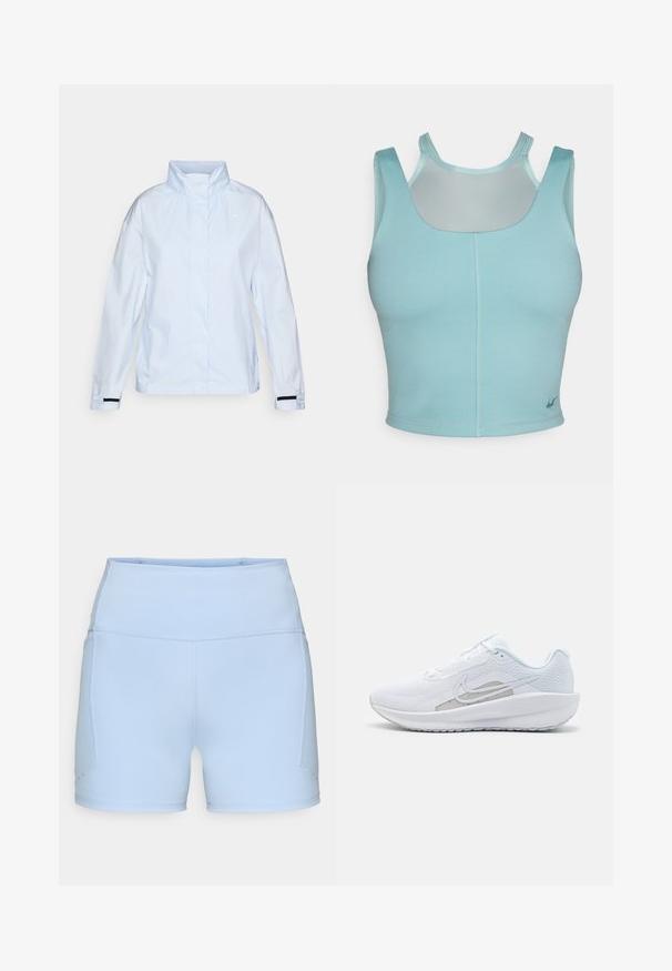 Világoskék, könnyű dzseki magas gallérral, hosszú ujjakkal és rugalmas fekete díszítéssel a mandzsettákon. Simára kidolgozott, vízálló anyag.; Világoskék atlétikai crop top, lekerekített nyakkivágással, széles pántokkal és hálós panellel a hátsó részen; az alján egy kis logó található.; Világoskék sportnadrág, rugalmas anyagból, magas derékkal és lapos varrásokkal. Oldalsó zsebekkel és sima felszínnel rendelkezik.; Fehér sportcipő hálós felsőrésze, kerek orra és textúrált talpa van. Ezüst Nike logóval és minimalista dizájnnal rendelkezik.
