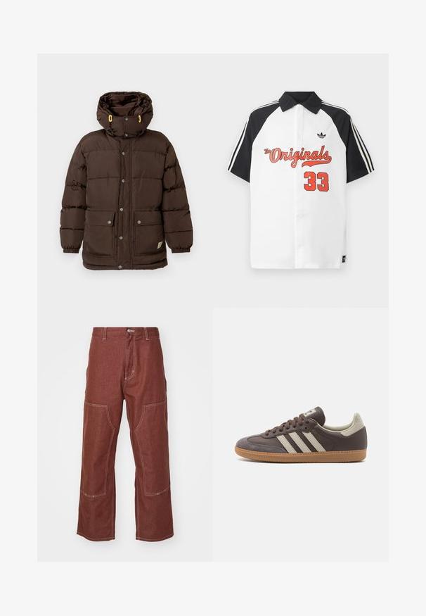 Brown padded jacket featuring a high collar, multiple snap buttons, large front pockets, and yellow accents on the hood drawstrings.; White short-sleeve polo shirt with a black collar, black sleeves, red "The Originals" graphic, and "33" printed in red on the front.; Carhartt WIP MIDLAND DOUBLE KNEE PANT - Relaxed fit jeans - offroad rinsed; Brown leather sneaker with three light-colored stripes, rubber gum sole, rounded toe, and textured suede accents on the heel and toe.