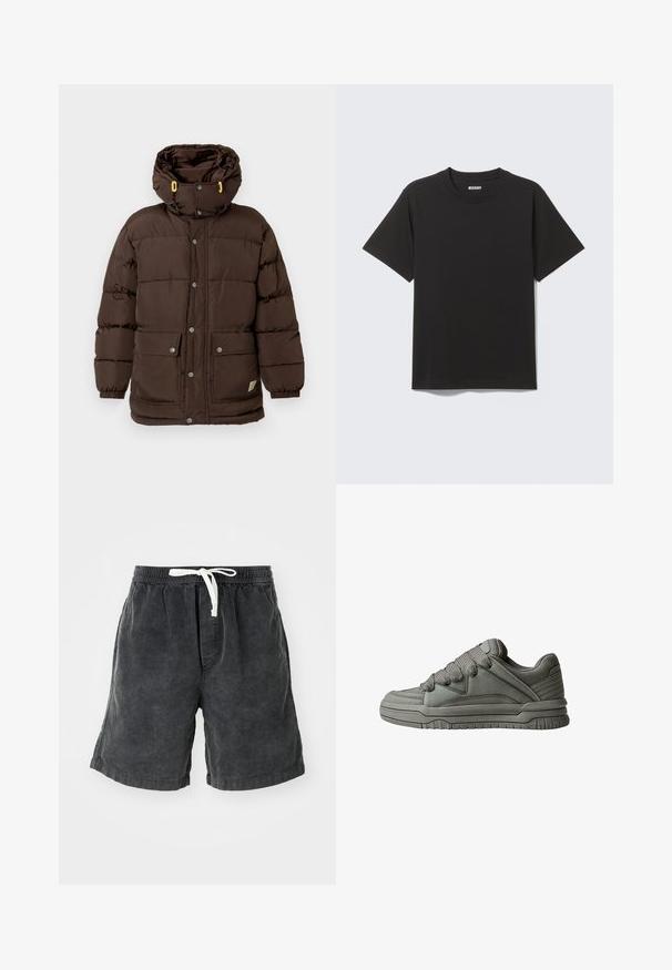 Veste matelassée marron avec un col montant, plusieurs boutons-pression, de grandes poches avant, et des accents jaunes sur les cordons de la capuche.; T-shirt noir à manches courtes en coton doux, avec un col rond et un design simple sans motifs ni accents.; Shorts en velours côtelé de couleur gris foncé avec des rayures verticales. Dotés d'une taille élastique avec un cordon blanc. Design décontracté adapté aux temps chauds.; Chaussure de sport grise avec une tige en cuir texturé et en mesh, semelle en caoutchouc épaisse, et langue et côtés bien rembourrés. Lacets et accents latéraux inclus.