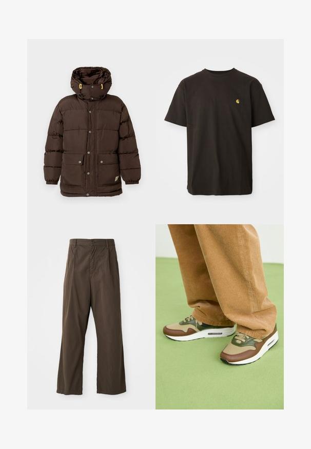 Smeđa podstavljena jakna s visokim ovratnikom, više kopči na drukere, velikim prednjim džepovima i žutim detaljima na pertlama kapuljače.; Crna pamučna majica s okruglim izrezom, kratkim rukavima i malim žutim logotipom na prsima. Klasičan kroj s glatkom teksturom.; Smeđe hlače širokih nogavica od pamuka s prednjim zatvaranjem na gumb, petljama za pojas i glatkom, mat teksturom.; Nike Sportswear AIR MAX 1 - Tenisice - neutral olive/black/cacao wow
