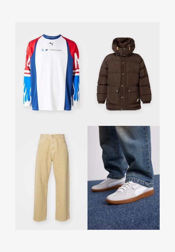 Ruda paminkštinta striukė su aukšta apykakle, keliomis sagomis, didelėmis priekinėmis kišenėmis ir geltonais akcentais gaubto raišteliuose.; Ilga rankovė marškiniai su balta kūno dalimi, raudonomis ir mėlynomis rankovėmis, puikuojančiomis ugnies raštais. Akivaizdžiai matomi BMW ir Puma logotipai.; Bežinės džinsinės kelnės su tiesiomis kojomis, turinčios penkis kišenes, mygtuką ir švarų apvygimą. Minkšta tekstūra.; Puma PALERMO UNISEX - Sportbačiai - white/cool light gray/gold