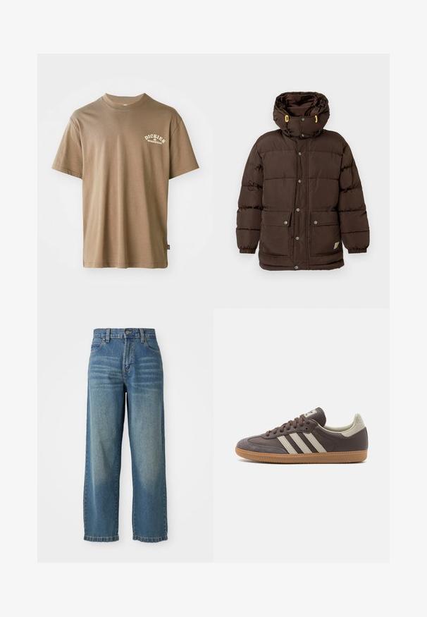 Casaco acolchoado castanho com gola alta, múltiplos botões de pressão, grandes bolsos frontais e detalhes amarelos nos cordões do capuz.; T-shirt de algodão marrom com gola redonda, mangas curtas e um logo branco com a inscrição "Dickies Workwear" na área do peito esquerdo.; Jeans de ganga largos de cintura alta, em azul claro, com cinco bolsos e um acabamento ligeiramente desbotado. Apresenta um fecho com botão e zip.; Sapatilha de couro castanho com três riscas de cor clara, sola de borracha de goma, bico arredondado e pormenores em camurça texturizada no calcanhar e na ponta.