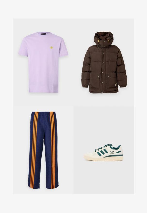 Ruda paminkštinta striukė su aukšta apykakle, keliomis sagomis, didelėmis priekinėmis kišenėmis ir geltonais akcentais gaubto raišteliuose.; Šviesiai purpurinė medvilninė marškinėliai su mažu geltonu Versace logotipu kairiajame krūtinės pusėje. Trumpi rankovės ir klasikinis apvalus kaklas.; Tamsiai mėlynos kelnės su viso paviršiaus raštu, abiejose pusėse einančiomis trimis ryškiomis oranžinėmis juostomis. Viršuje yra elastinga juosmens juosta.; Balti sportbačiai su žaliais akcentais. turi tris žalias juostas, tekstūruotą priekinę dalį ir logotipą šone. Guma viršus su tekstūruotu raštu.