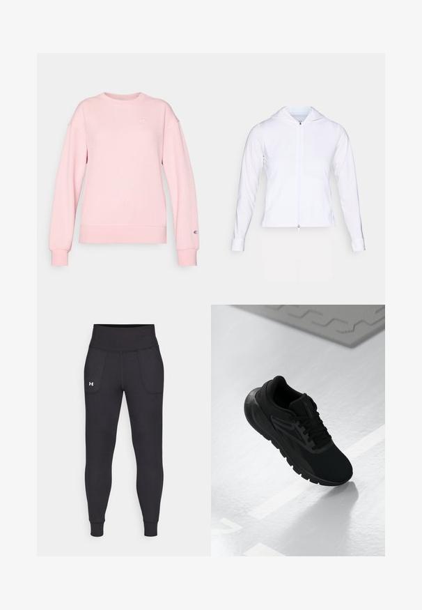 Bela, lahka jakna z zadrgo in kapuco, dolgimi rokavi in prilegajočim dizajnom. Narejena iz gladkega, zračnega materiala s sijajno površino.; Roza rebrasta dukserica z dolgimi rokavi, okroglo izrezanimi vratnimi šivom in logotipom na prsih in zapestju. Mehka tekstura, oprijeta v pasu.; Črne atletske legice iz raztegljivega materiala, ki imajo visok pas, stranske žepke in tesne manšete pri gležnjih.; Črne športne čevlje z mrežasto zgornjim delom, okroglo konico, oblazinjenim podplatom in teksturiranimi detajli, postavljeni na gladko belo površino.