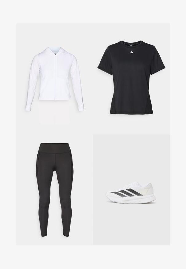 Bijela, lagana jakna sa zatvaračem, kapuljačom, dugim rukavima i prilagođenim dizajnom. Izrađena od glatkog, prozračnog materijala s elegantnim završetkom.; Crna atletska majica s kratkim rukavima, okruglim izrezom i bijelim logotipom na prsima. Izrađena od glatkog, rastezljivog materijala.; ONLY Play ONPJAM-2-FONT - Tajice - black; Bijela atletska cipela s crnim dijagonalnim trakama, mrežastim gornjim dijelom, zaobljenim prstom i teksturiranim potplatom. Akcenti uključuju srebrnu petu i minimalistički dizajn.