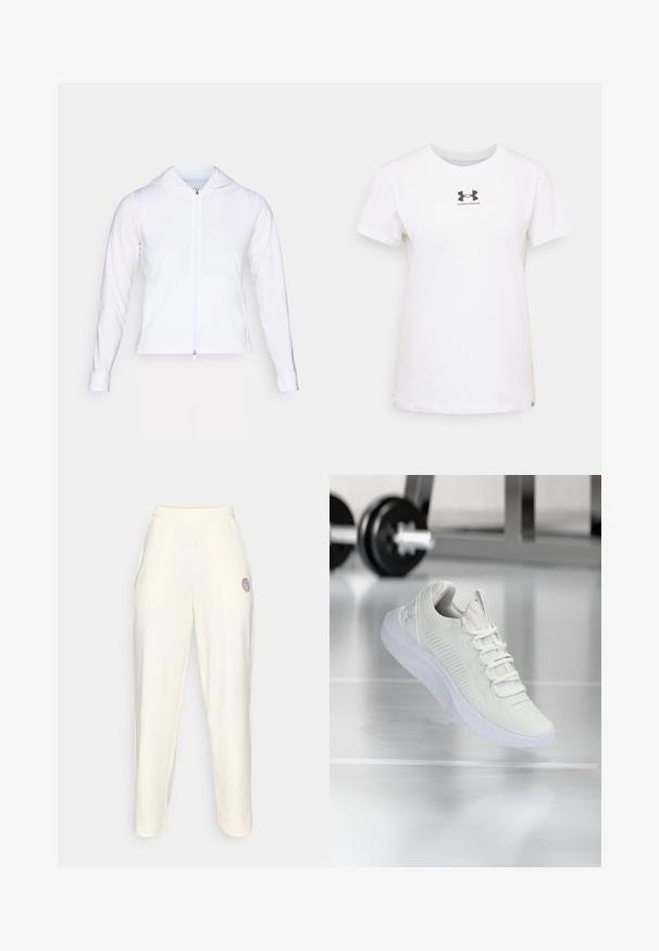 Balta, lengva užtrauktuko striukė su gobtuvu, ilgomis rankovėmis ir prigludusiu dizainu. Pagaminta iš lygaus, kvėpuojančio audinio su glotnia apdaila.; Balta medvilnė T-marškiniai trumpomis rankovėmis. Yra juodas Under Armour logotipas ant krūtinės. Klasikinis apvalus iškirpimas. Lygus paviršius.; Kreminės spalvos treningai su elastinga juosta, siaurėjančiomis kojomis ir mažuoju apvaliu logotipu ant kairiojo šlaunies. Lygus paviršius.; Balti sportiniai batai su tekstūruota tinklelio viršutine dalimi ir raištelių sistema, turintys paminkštintą baltą pado ir subtilius įdubimus.