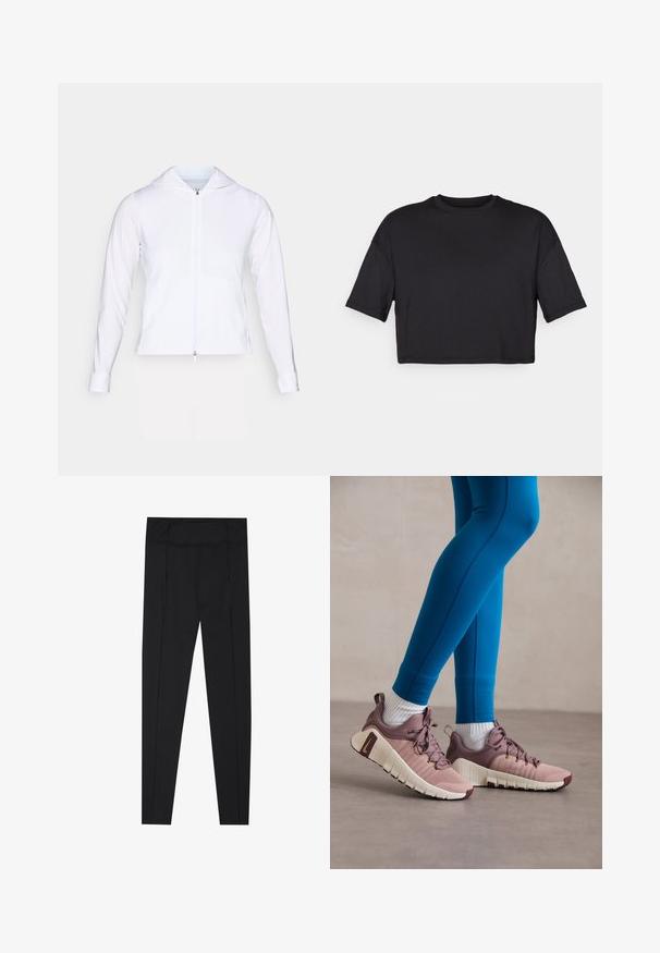 White, lightweight zip-up jacket with a hood, long sleeves, and fitted design. Made from smooth, breathable fabric with a sleek finish.; Black cropped t-shirt made of soft fabric, featuring a round neckline and short, wide sleeves, with a simple, seamless design.; Black leggings featuring a smooth texture, high waistband, and stitching details along the sides. Slim-fit design, suitable for various activities.; Athletic shoes in light pink and beige with textured side panels, brown accents, and flexible soles. Worn with blue leggings and white socks.