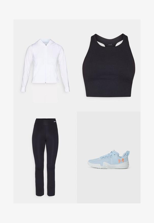 Balts, viegls, ar rāvējslēdzēju aizverams apģērbs ar kapuci, garām piedurknēm un pieguļošu dizainu. Izgatavots no gludas, elpojošas auduma ar stilīgu apdari.; Melna sporta kroppa tops, kas izgatavots no ribota materiāla, ar bezgala piedurknēm un noapaļotu kakla izgriezumu ar izgriezumiem.; Melni sporta bikses ar gludu tekstūru, plašu elastīgu jostu un pieguļošu dizainu, kas nedaudz sašaurinās līdz potītei.; Gaiši zils sporta apavu pāris, izgatavots no tīkla materiāla ar teksturētu zoli, ar oranžu logotipu un auklu dizainu.